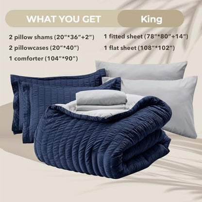 HYMOKEGE Navy Blue/Light Grey King Size Comforter Set Seersucker 7 Pieces, All Season Luxury Bed in a Bag for Bedroom, Bedding Set with Comforter, Sheets, Pillowcases & Shams