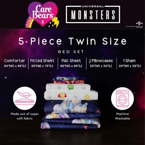 Care Bears x Universal Monsters Halloween Bedding 5 Piece Super Soft Cozy Reversible Comforter and Sheet Set with Sham, Twin, (Officially Licensed Product) By Franco