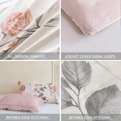 King Comforter Set 3 Pieces, 100% Cotton Vintage Cream Floral Bedding Set for All‑Season, Soft Breathable Comforter with 2 Pillow Shams