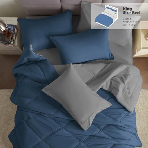 Joiedomi King Size Comforter Set with Sheets Navy Blue, 7 Pieces King Bedding Set with 1 Down Alternative Comforter, 1 Flat Sheet, 1 Fitted Sheet, 2 Pillowcases and 2 Pillow Shams, Bed in a Bag