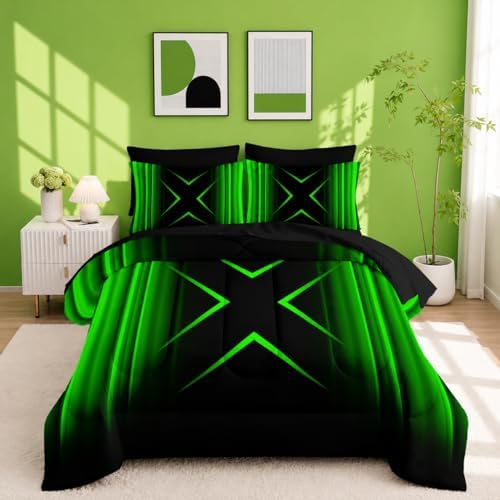 Nttopship Black and Green Geometric Comforter Set Twin Size 7Pieces,3D Abstract Mordern Printed Bedding Set for Adults,Geometric Mordern Decor All Seasons with Pillowcases,Flat, Fitted Sheet
