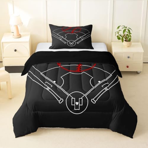 Baseball Field Print Comforter Set Twin Size,Boys Ball Sports Games Themed Quilt Set for Kids Boys Bedroom Collection,Red Baseball Bat Sporting Equipment Soft Bedding Set with 1 Pillowcase