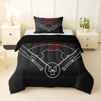 Baseball Field Print Comforter Set Twin Size,Boys Ball Sports Games Themed Quilt Set for Kids Boys Bedroom Collection,Red Baseball Bat Sporting Equipment Soft Bedding Set with 1 Pillowcase