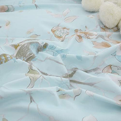 FADFAY Farmhouse Floral Bedding Shabby Blue Bird Print French Countryside Chic Bedding Set Luxury Bedskirt Collections 800 Thread Count 100% Egyptian Cotton, 4 Piece-Queen Size