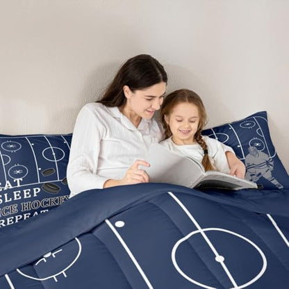 Ice Hockey Comforter/Duvet Set,Puck Ball Hockey Player Ultra Soft Bed Collection,Winter Extreme Sports Navy Blue Kids Bedding for Room Decor 3 Pcs,Microfiber Breathable,King