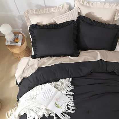 Andency Black Ruffle Comforter Oversized Queen, 3 Pcs Solid Farmhouse Bed