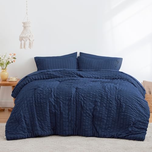 Love's cabin Seersucker Dark Blue King Size Comforter Set