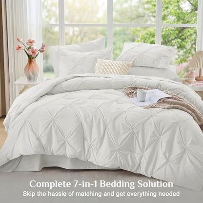 JOLLYVOGUE Queen Comforter Set 7 Pieces - Bed in a Bag Queen for All Season, Pintuck Bedding Comforter Sets with Comforter, Flat Sheet, Fitted Sheet and Pillowcases & Shams, White
