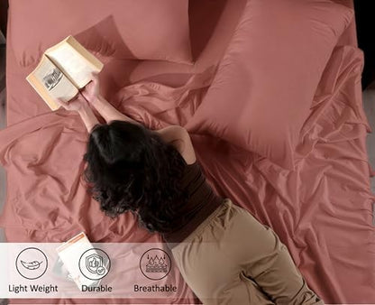 RUVANTI 100% Cotton Split King Sheets, Percale Sheets Set, Terracotta