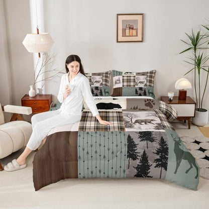 Rustic Farmhouse Kids Comforter Set Full Size,Deer Antlers Bear Animal Paws Plaids Patchwork Bedding Set for Boys Girls Room Decor,Pine Trees Arrows Down Comforter,Xmas Duvet Insert,2 Pillowcases