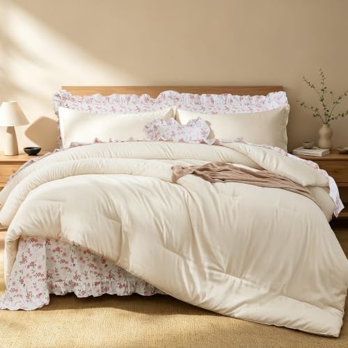 WONGS BEDDING 8PC King Comforter Set, Ruffle Comforter with Floral Sheets