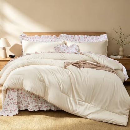 WONGS BEDDING 8PC King Comforter Set, Ruffle Comforter with Floral Sheets