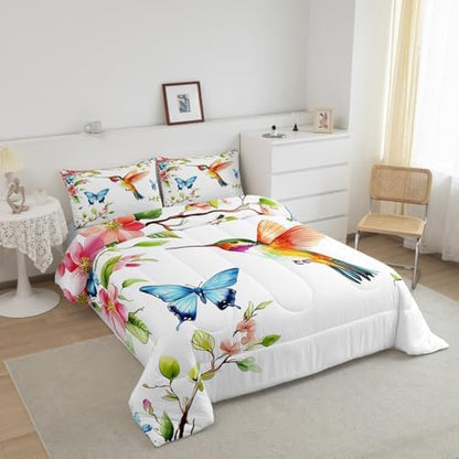 jejeloiu Hummingbird Comforter Set Toddler Size Kids Tropical Birds Bedding Set Boys Girls Flowers Leaves Spring Duvet Breathable Botanical Floral Quilt Bedroom Decor,1 Comforter with 1 Pillowcase