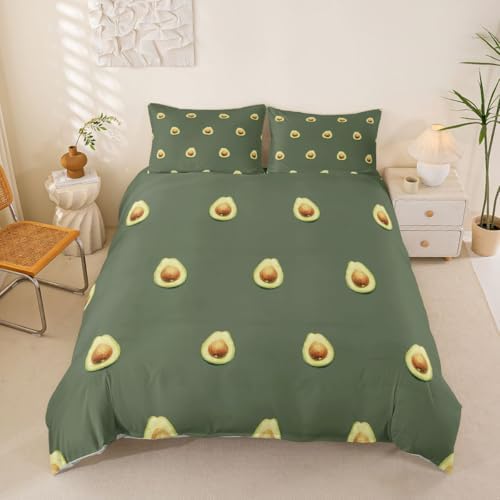 Avocado Comforter Cover Full Boys Girls Cute Cartoon Tropical Fruits Printed Bedding Set Green Avocado Pattern Duvet Cover for Teens Kids Soft Reversible Bedspread With 2 Pillowcases, No Comforter