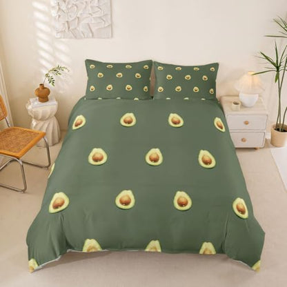 Avocado Comforter Cover Full Boys Girls Cute Cartoon Tropical Fruits Printed Bedding Set Green Avocado Pattern Duvet Cover for Teens Kids Soft Reversible Bedspread With 2 Pillowcases, No Comforter