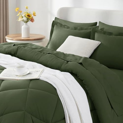 CozyLux Queen Comforter Set 88"x88" Olive Green - 7 Piece Bed in a Bag