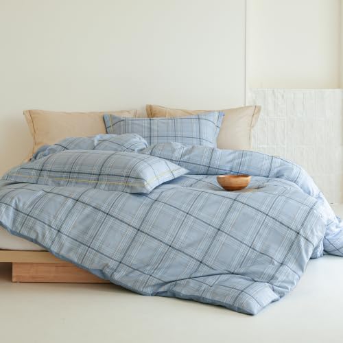 Blue Plaid Comforter Set 3 Pieces - 100% Cotton Grid Gingham Pattern Reversible Comforter Queen Size, Soft and Hypoallergenic Bedding Set