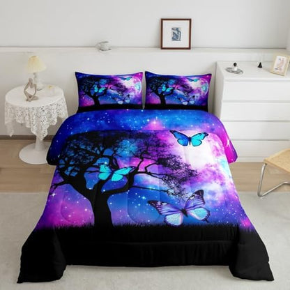 Blue Butterfly King Comforter Set for Girls Purple Starry Sky Bedding Cute Butterfly Bedding Comforter Sets Gradient Galaxy Dream Themed Duvet Insert for Boys Teens Kids Lovely Insect Decor Quilt