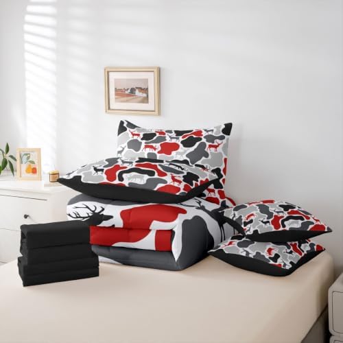 Erosebridal Deer Camouflage Queen Comforter Set with Sheets 7 Piece Hunting Elk Camo Bed in A Bag Red Grey Black Military Bedding Sets for Kids Adults Rustic Cabin Lodge Bed Set