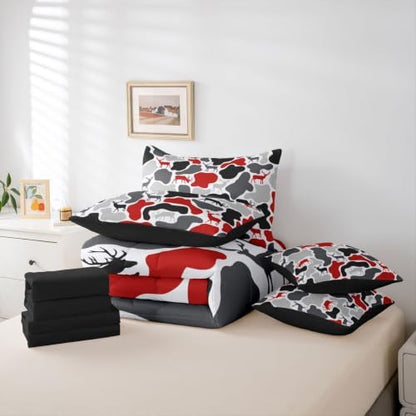 Erosebridal Deer Camouflage Twin Comforter Set with Sheets 7 Piece Hunting Elk Camo Bed in A Bag Red Grey Black Military Bedding Sets for Kids Rustic Cabin Lodge Bed Set