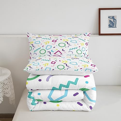 Manfei Memphis Comforter Set Queen Size, Colorful Geometric Vintage Bedding Set 3pcs for Kids Boy Girls, Retro 80s or 90s Fashion Style Quilt Set Soft Polyester Duvet Set with 2 Pillowcases