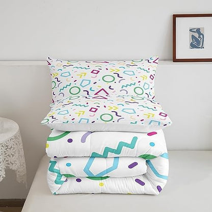 Manfei Memphis Comforter Set Queen Size, Colorful Geometric Vintage Bedding Set 3pcs for Kids Boy Girls, Retro 80s or 90s Fashion Style Quilt Set Soft Polyester Duvet Set with 2 Pillowcases