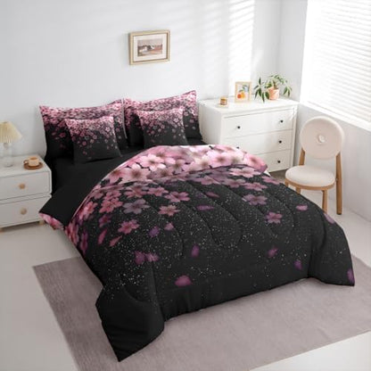 Erosebridal Cherry Blossom Full Comforter Set Pink Flower 7 Pieces Bedding Petal Floral Bed Set with Sheets Starry Sky Girly Bed in A Bag Bedroom Decor