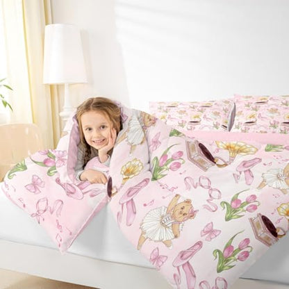 Pink Bowknot Kids Bedding Set King Size,Ballet Shoe Bow Tie Cute Bear Comforter Set，Music Note Tulip Quilt Comforter,Princess Bedroom Duvet Insert,2 Pillowcases
