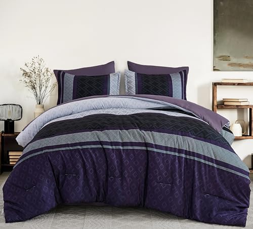 Cottolester Queen Comforter Set,Black Purple Boho Striped Bed in a Bag