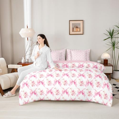 Erosebridal Cute Goose Duck Bedding Set Twin for Kids Girls Girly Ribbon Bow 7 Pieces Comforter Set with Sheets Geometric Grid Cartoon Animal Bed in a Bag Teen Adults Pink Watercolor Bowknot Bed Sets