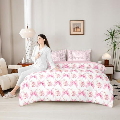 Erosebridal Cute Goose Duck Bedding Set Twin for Kids Girls Girly Ribbon Bow 7 Pieces Comforter Set with Sheets Geometric Grid Cartoon Animal Bed in a Bag Teen Adults Pink Watercolor Bowknot Bed Sets