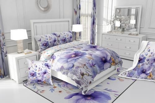 jejeloiu Purple Floral Flower Comforter Set Full Size Kids Wildflower Bedding Set for Boys Girls Teens Botanical Duvet Breathable Blossom Plant Quilt Bedroom Decor,1 Comforter with 2 Pillowcase