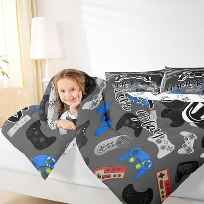 Homewish Video Games Boys Comforter Set King Size,Cartoon Gamepad Bedding Set 3Pcs for Kids Teens Men Room Decor,Modern Gaming Quilted Duvet Fashion Black Grey Down Comforter,2 Pillowcases