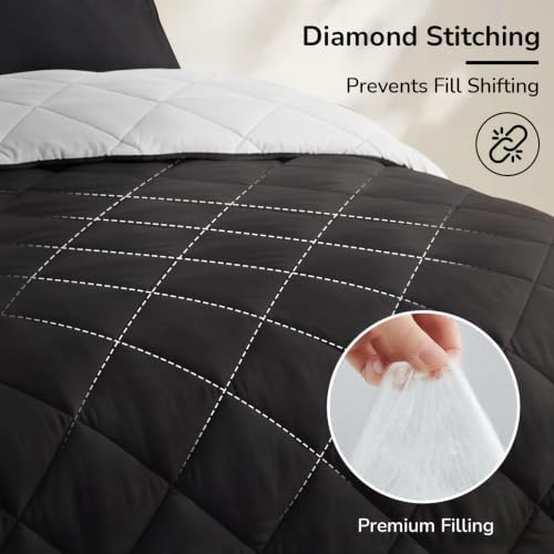 downluxe Full Comforter Set Soft Reversible 3 Pieces, Black/Grey