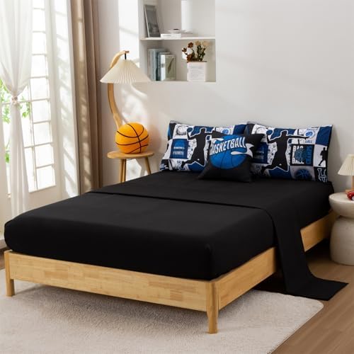 Aimuan Basketball Bedding Set for Boys Kids Teens, Soft Black and Blue Sports Geometric Grid Patchwork Theme Basketball Bedding Sets Queen Size, Blue