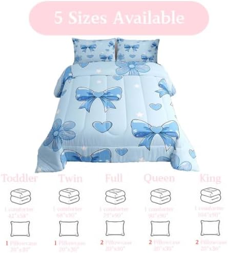 jejeloiu Bowknot Kids Comforter Set Toddler Size Bow Bedding Set Blue Duvet Quilt for Kids Boys Girls Bedroom Cute Bow-tie Decor Microfiber Ultra Soft Breathable
