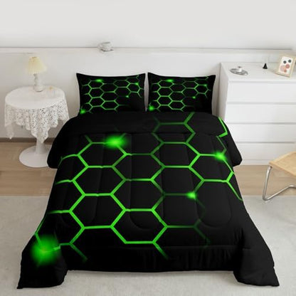Feelyou Hexagonal Comforter Set Geometric Honeycomb Bedding Set for Kids Adults Neon Green Black Comforter Modern Hexagon Beehive Quilt Set Ultra Soft Room Decor Queen Size Bedroom Collection 3Pcs