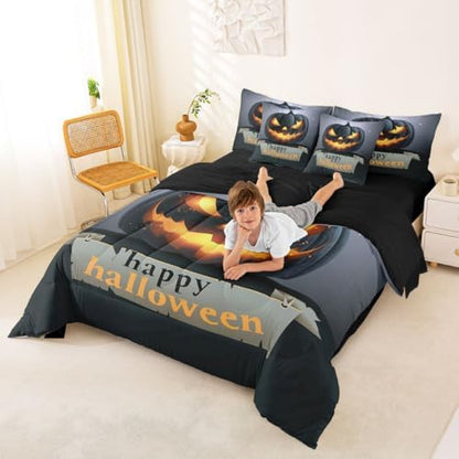 Erosebridal Happy Halloween 7 Pcs Comforter Set King, Glowing Pumpkin Lantern Bedding, Trick Or Treat Gothic Night Bed in A Bag Sheet Set, Grey Black Horror Cartoon Gray Yellow Stars Quilt