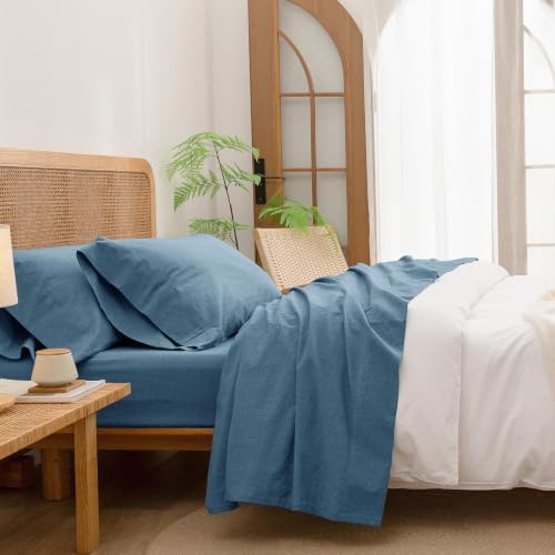 BESTOUCH Sheet Set 100% Washed Cotton Linen Feel Super Soft Comfortable Chic Lightweight 4 Pcs Home Bedding Set Solid Dark Blue Queen