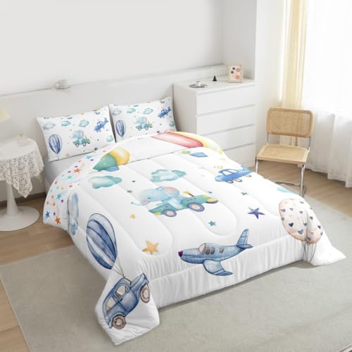 Erosebridal Colorful Hot Air Balloon Full Bedding Set, Cute Airplane Aircraft Comforter Set for Boys Kids Teens Adults Girls Bedroom, Cartoon Car Lovely Heart Comforter, Star Print Quilt