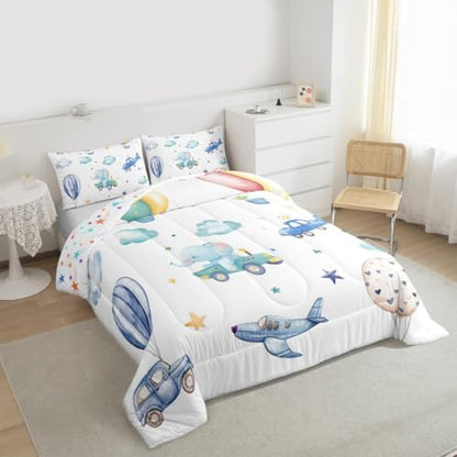Erosebridal Colorful Hot Air Balloon King Size Comforter Set, Cute Airplane Aircraft Bedding Set for Boys Kids Teens Adults Girls Bedroom, Cartoon Car Lovely Heart Comforter, Star Print Quilt