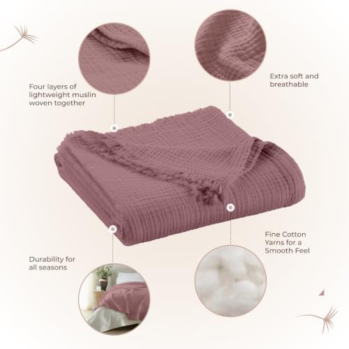 100% Cotton Organic Muslin Throw Blanket for Adults GOTS & Fairtrade Certified Organic Cotton - Couch Living Room and Bedroom Decor - 4 Layer Super Soft and Cozy (Wood Rose, Throw)
