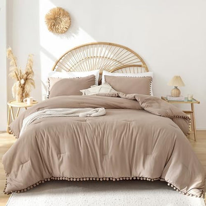 YIRDDEO Twin Comforter Set, Taupe Ball Pom Fringe Bedding Set 2 Pieces