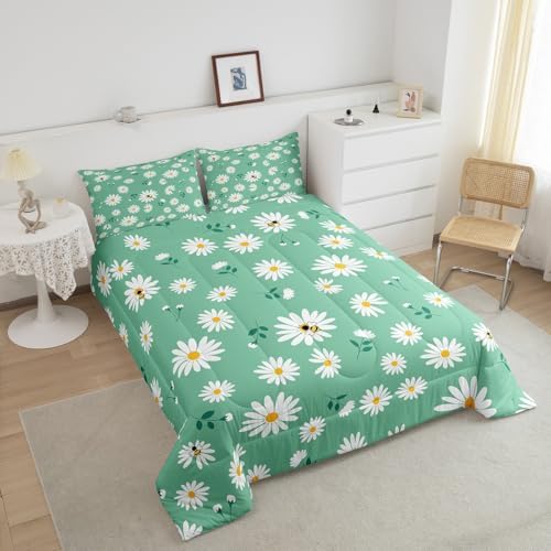 Homewish Daisy Flowers Children Comforter Set,Daisy and Bee Bedding Set for Women Girls,Adults Soft Green and White Comforter,Kids Spring Floral Quilted Duvet Set Bedroom Collection King Size 3Pcs