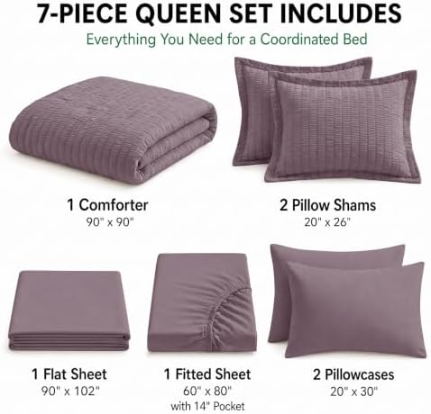 HIMEET Queen Comforter Set, 7-Piece Seersucker Bed in a Bag, Dusty Purple