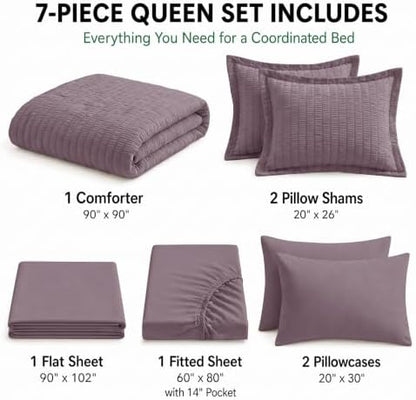 HIMEET Queen Comforter Set, 7-Piece Seersucker Bed in a Bag, Dusty Purple