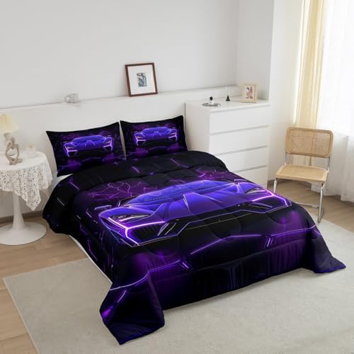 Feelyou Kids Purple Black Race Car Comforter Set,Boys Racing Car Bedding Set Full Size,Boys Bedroom Room Decor,Cool Speed Luxury Car Comforter,Geometric Hexagon Racing Car Bed Set for All Season