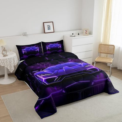 Feelyou Kids Purple Black Race Car Comforter Set,Boys Racing Car Bedding Set Full Size,Boys Bedroom Room Decor,Cool Speed Luxury Car Comforter,Geometric Hexagon Racing Car Bed Set for All Season