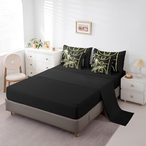 Sport Bed in a Bag 7-Piece Basketball Bedding Set for Boys, Black Yellow Twin Size Comforter Set Gold Gradient Neon Bedding Comforter Sets, Sports Themed Bed Set Breathable (Black Reversible)
