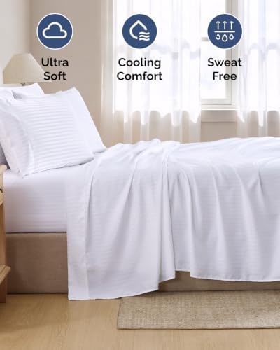 King 6 Piece Bed Sheet Set - Breathable & Cooling Sheets - Striped White